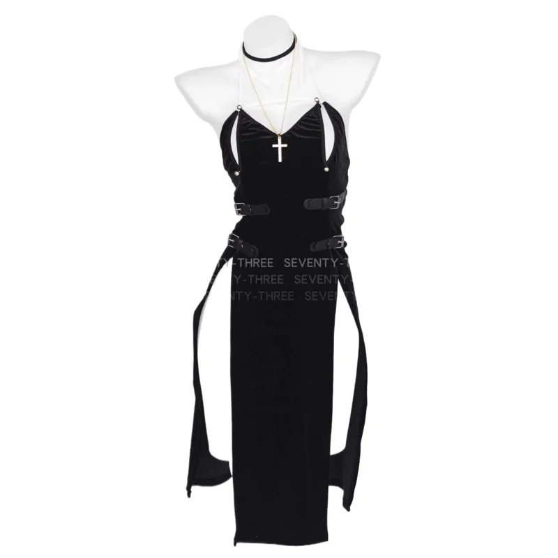 애니메이션 여성 수녀 역할 놀이 유니폼 하이 포크 홀로우 드레스 십자가 목걸이 의상 코스프레 의상 yi;4