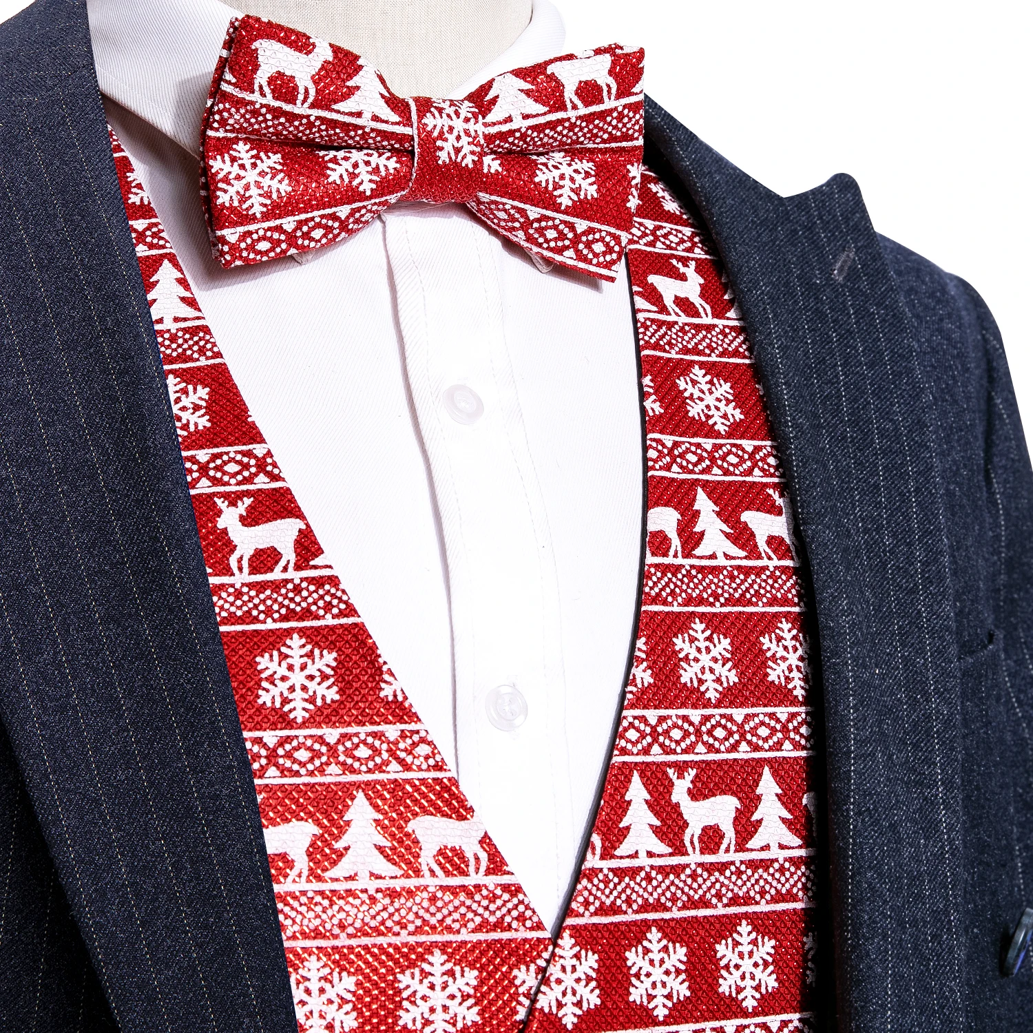 Luxury Christmas Men Vest Red Snowflake Elk Xmas Waistcoat Tie Bowtie Set Sleeveless Jacket Formal Party Suit