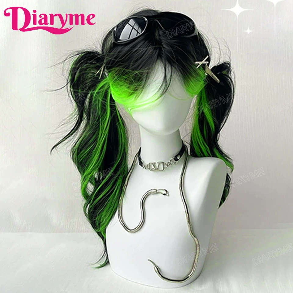 Wig rambut hijau highlight hitam sintetis untuk wanita wig Cosplay Lolita panjang bergelombang untuk wanita wig hijau wanita modis