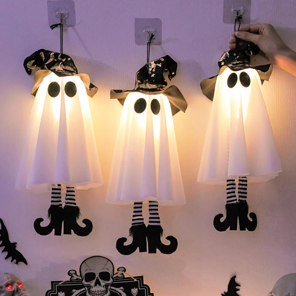 Glowing Witch Hat Specter Halloween Decor Set of 3 with LED Lights Featuring Different Flash Modes for Hanging on Porch or Yard