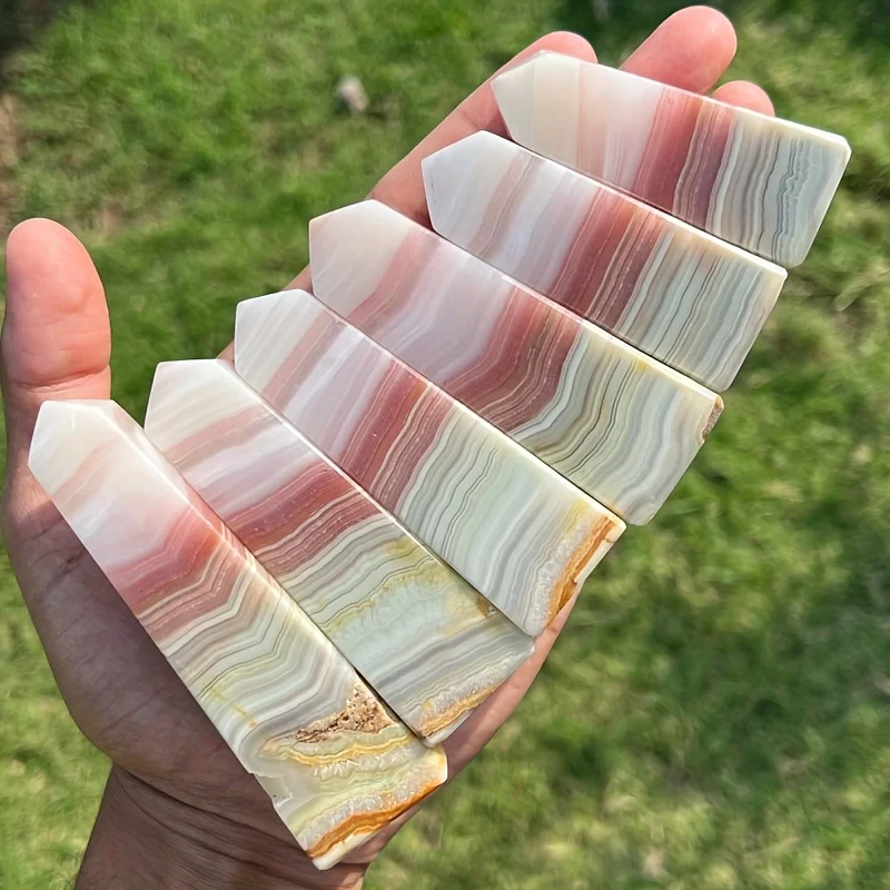 1pc Pink Banded Calcite Tower - Bohemian Crystal Tower with Marbled Pink, Golden, White, Peach, Beige, Brown, Gray, and Bands