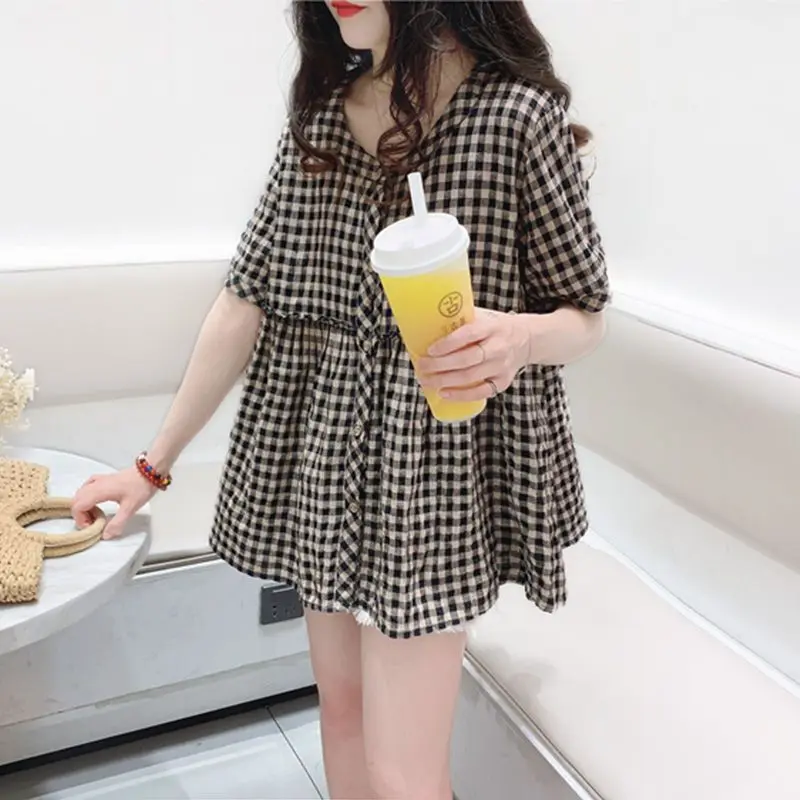 Sweet Plaid Loose Shirt Tops Summer New Short Sleeve Button Thin All-match Youth Fashion Blouse Vintage Casual Women Clothing