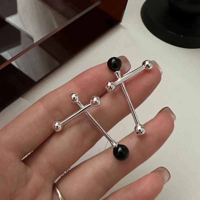 S925 Sterling Silver Korean Version Niche Design  Black Agate Balance Ball Earrings Korean Style Fashionable and Personalized