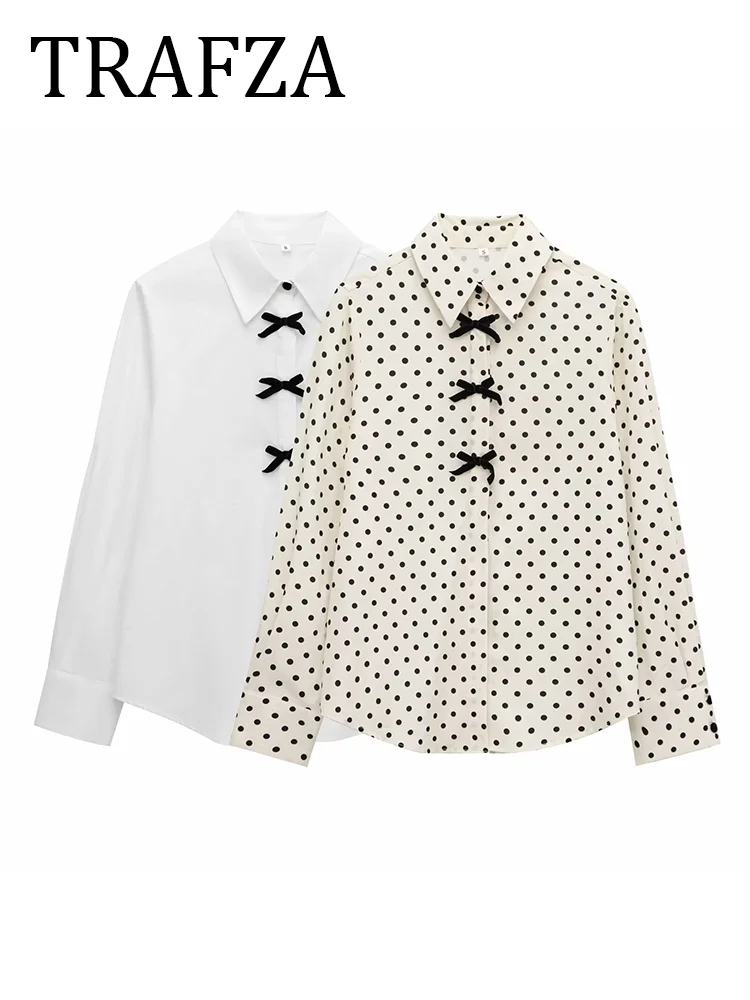 

TRAFZA Spring Fashion Women Blouses Polka Dot Printing Turn-Down Collar Long Sleeve Bow Decorate Button Female Casual Shirts
