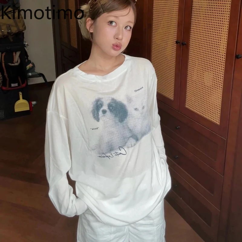 Kimotimo Cartoon Puppy Print Drawstring T-shirts Women Autumn Micro Transparent Loose Long Sleeve Ropa Mujer Vintage Y2k Tops