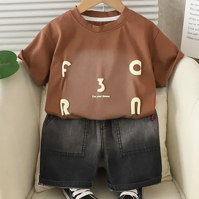 

2Piece Summer Boys Clothing Korean Fashion Letter Short Sleeve Cotton Baby Tops+Denim Shorts Kids Clothes Children's Sets B199