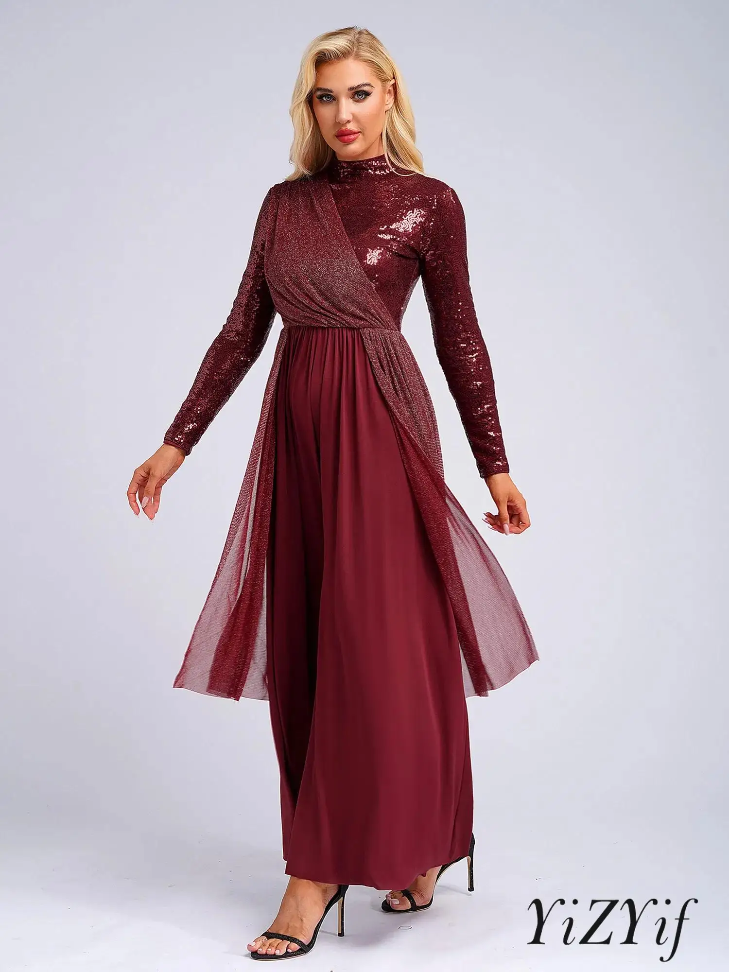 Women Praise Worship Liturgical Ministry Dancewear Church Choir Robe Long Sleeve Mock Neck Sequin Shimmery Overlay Jumpsuit