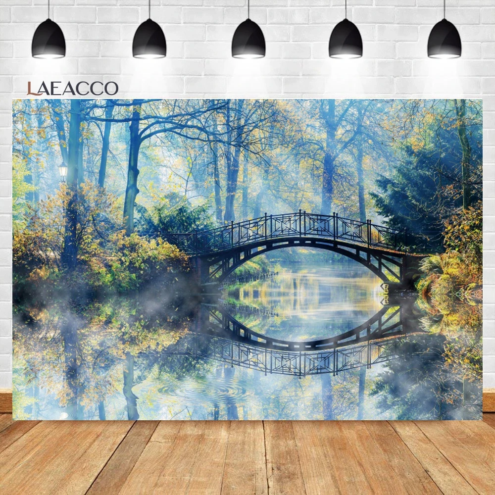 Laeacco Spring Garden Landscape Backdrop Retro Style Arch Bridge Lakes Park View Kids Adults Portrait Photography Background