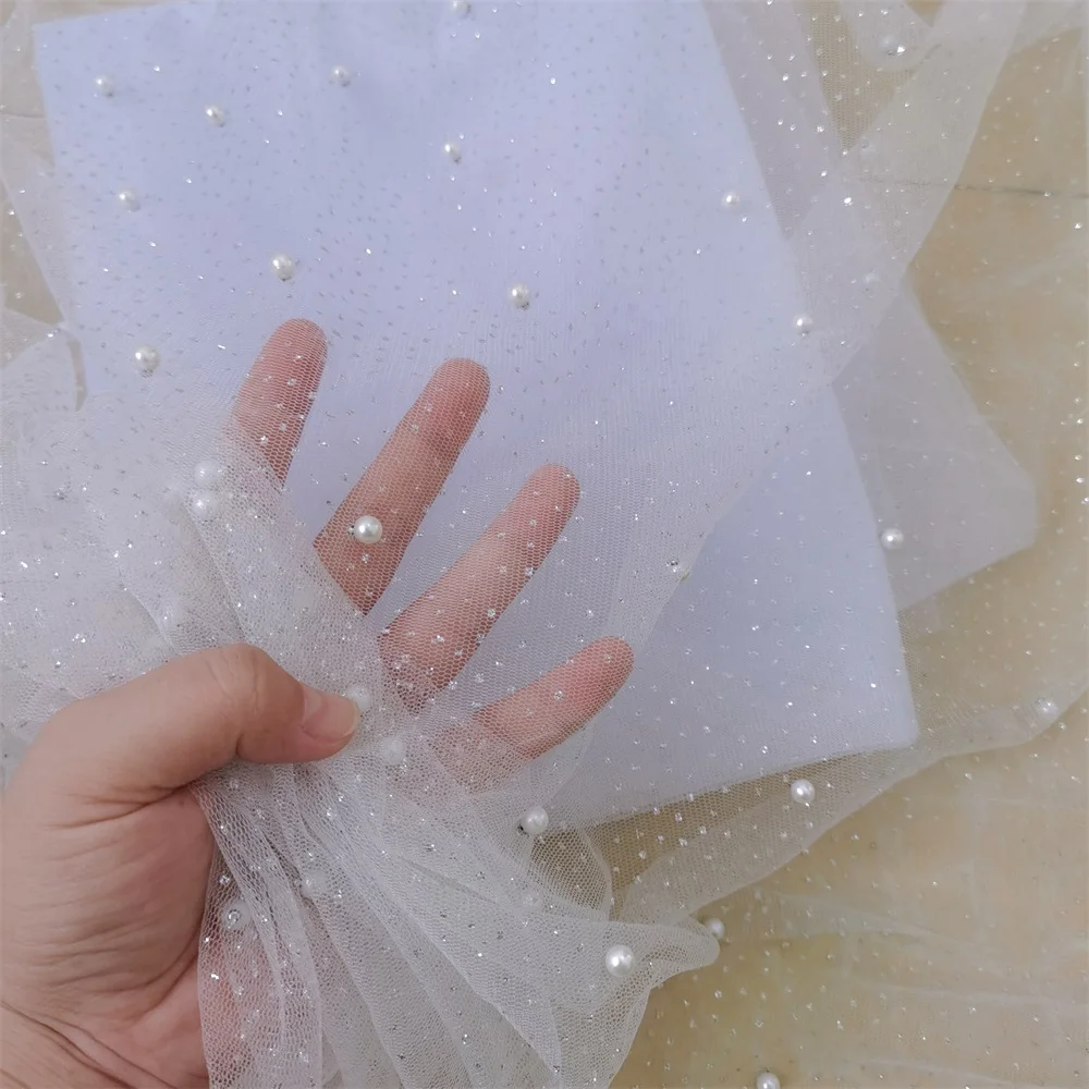 Shiny Glitters Pearl Beaded Net Yarn Lace Fabric Bridal Veil Dress Evening Dress Sewing Material