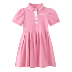 Children's Dress New Korean Summer Girls' Bubble Sleeves Academy Style Flip Collar Dress 2-12Y  Hundred pleated princess dress