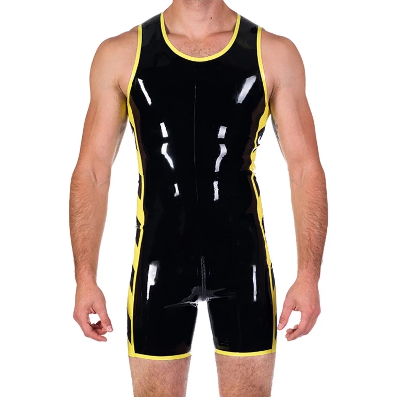 

Handmade Latex Jumpsuit Rubber Gummi Sleeveless Fitness Set with Crotch Zip Black with Yellow for Men Wear