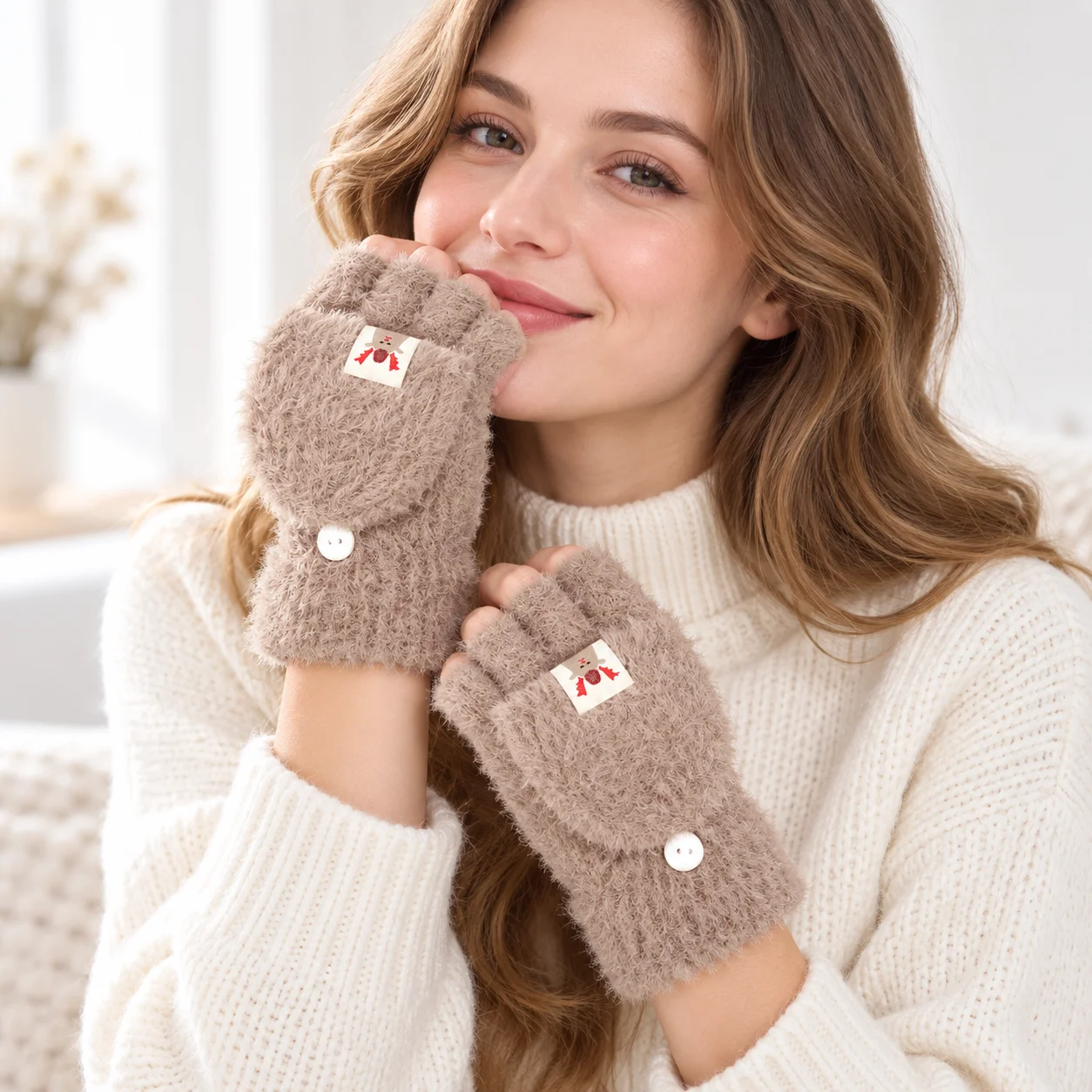 luffy Fingerless Gloves With Button, Soft Textured Flip Cover Mittens, Cute Patch Design, Casual Outdoor Handwear For Women