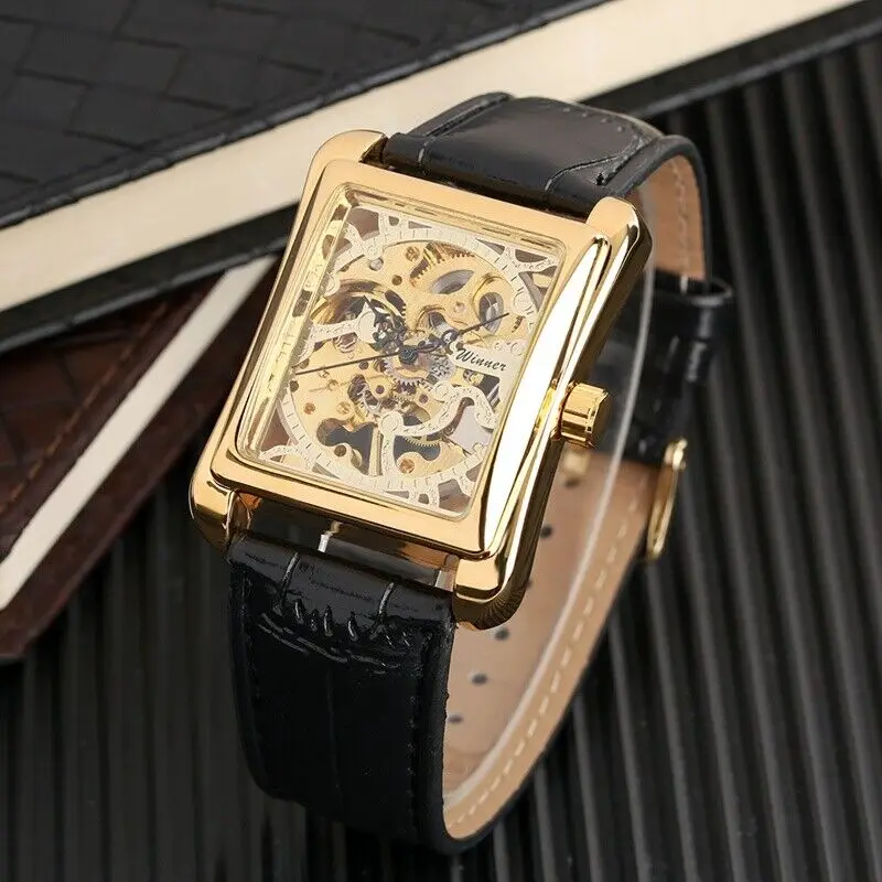 Luxury Brand VintageSkeleton Hand Wind Mens Mechanical Wrist Watches Square Case Wristwatch Analog Nice Gift