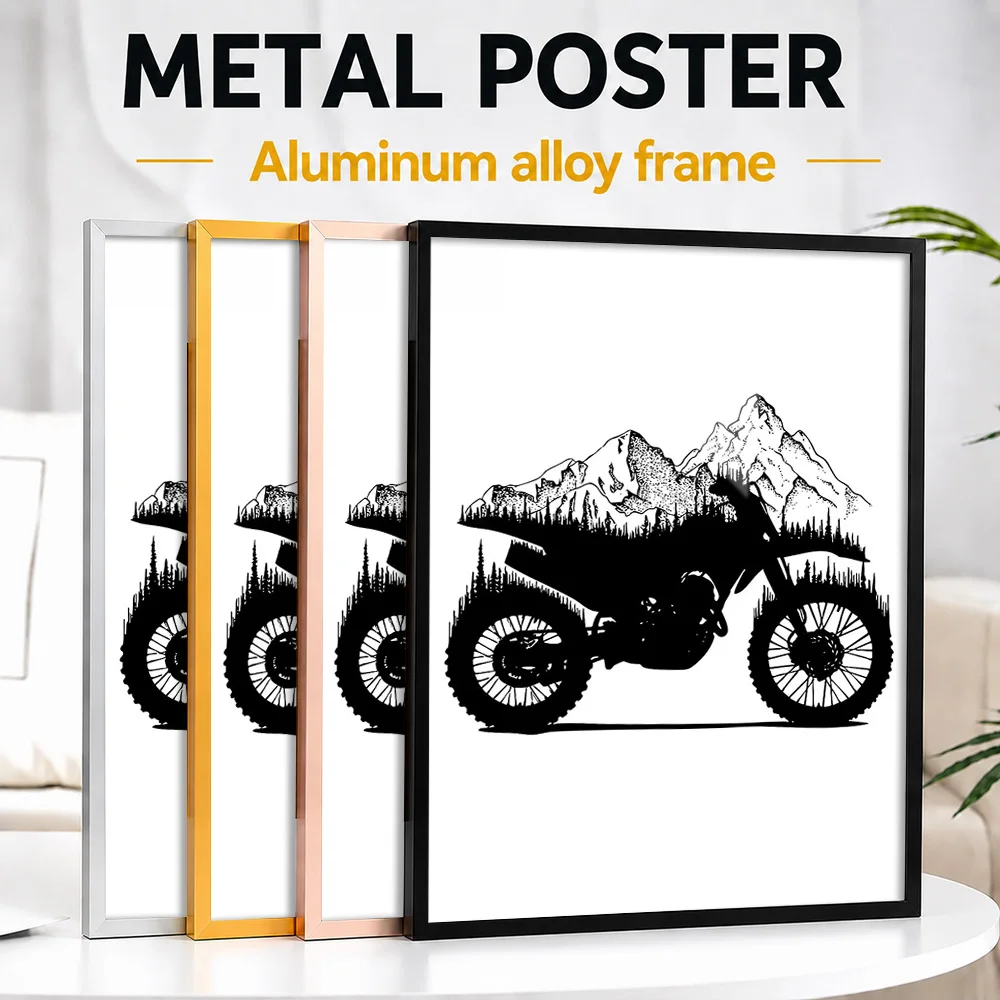 Motorcycle Silhouette Mountain Peaks Framed Metal Poster Customized Outdoor Illustration Wall Art For Bedroom, Traveler Gift