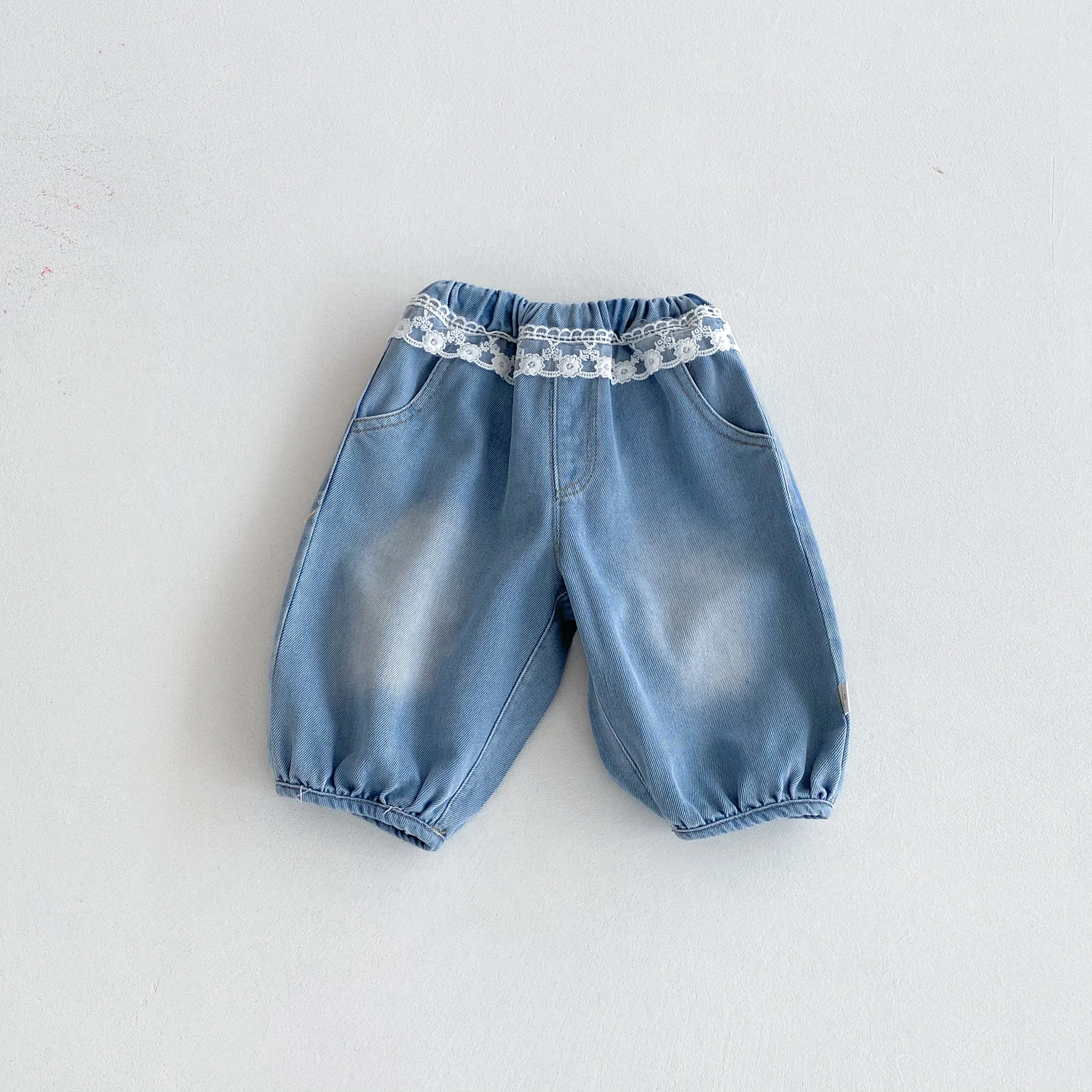 Girls' Denim Long Pants, Autumn Casual Lace-Trimmed Pants, Women's Hugging Classic Jeans