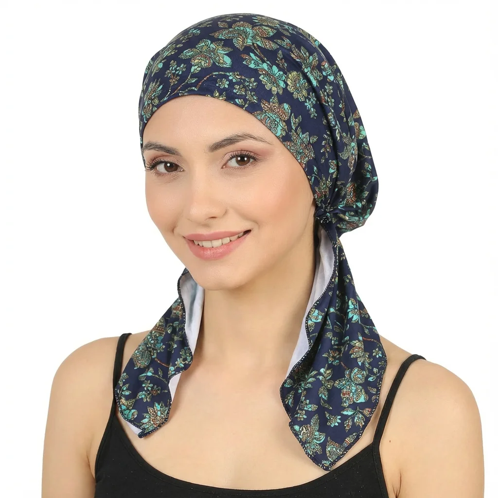 Women Muslim Printed Turban Pre-Tied Hat Long Tail Bonnet Ch