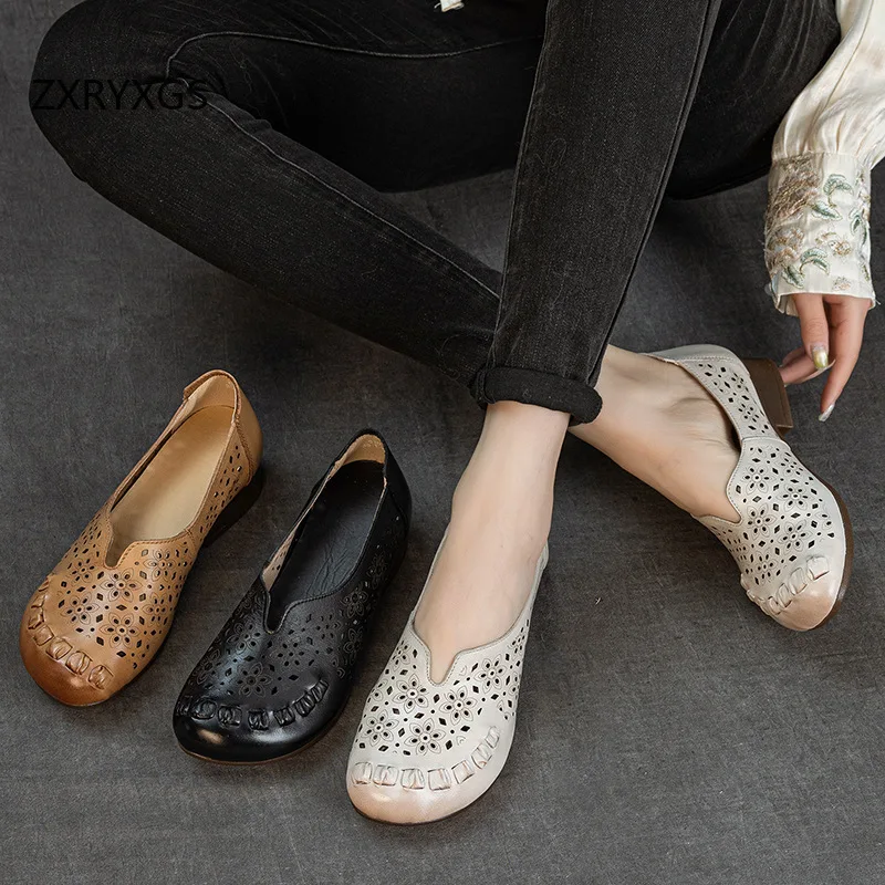 ZXRYXGS Promotion Real Cowhide Hole Hole Shoes Breathable Comfortable Sandals 2026 Spring Summer Low Heels Women Trendy Shoes