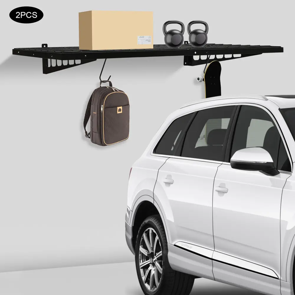 

Floating Wall Shelf Garage Storage Rack 2-Pack Wall Mounted Tool Racks w/ Hooks