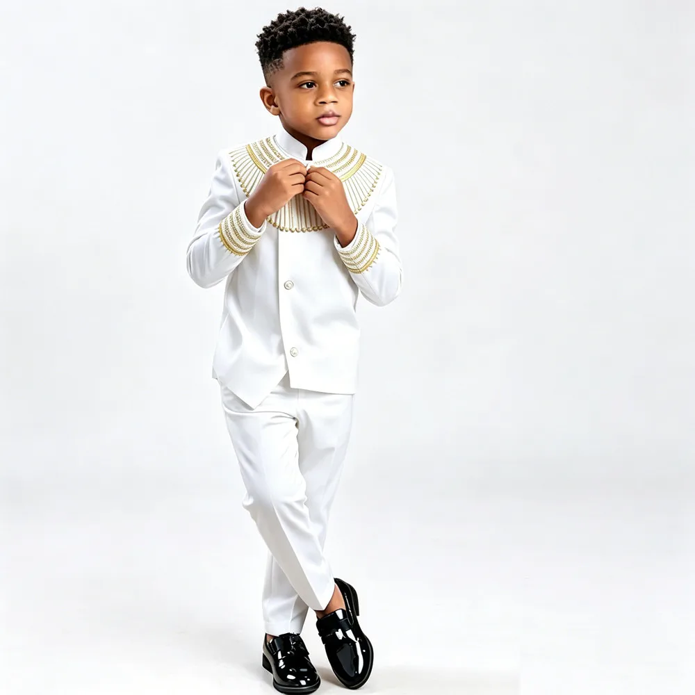

2PCS African Clothes for Children Boy Suits Dashiki Stand Jacket Button Embroidery Top and Pant Sets Kids Wedding Party Outfits