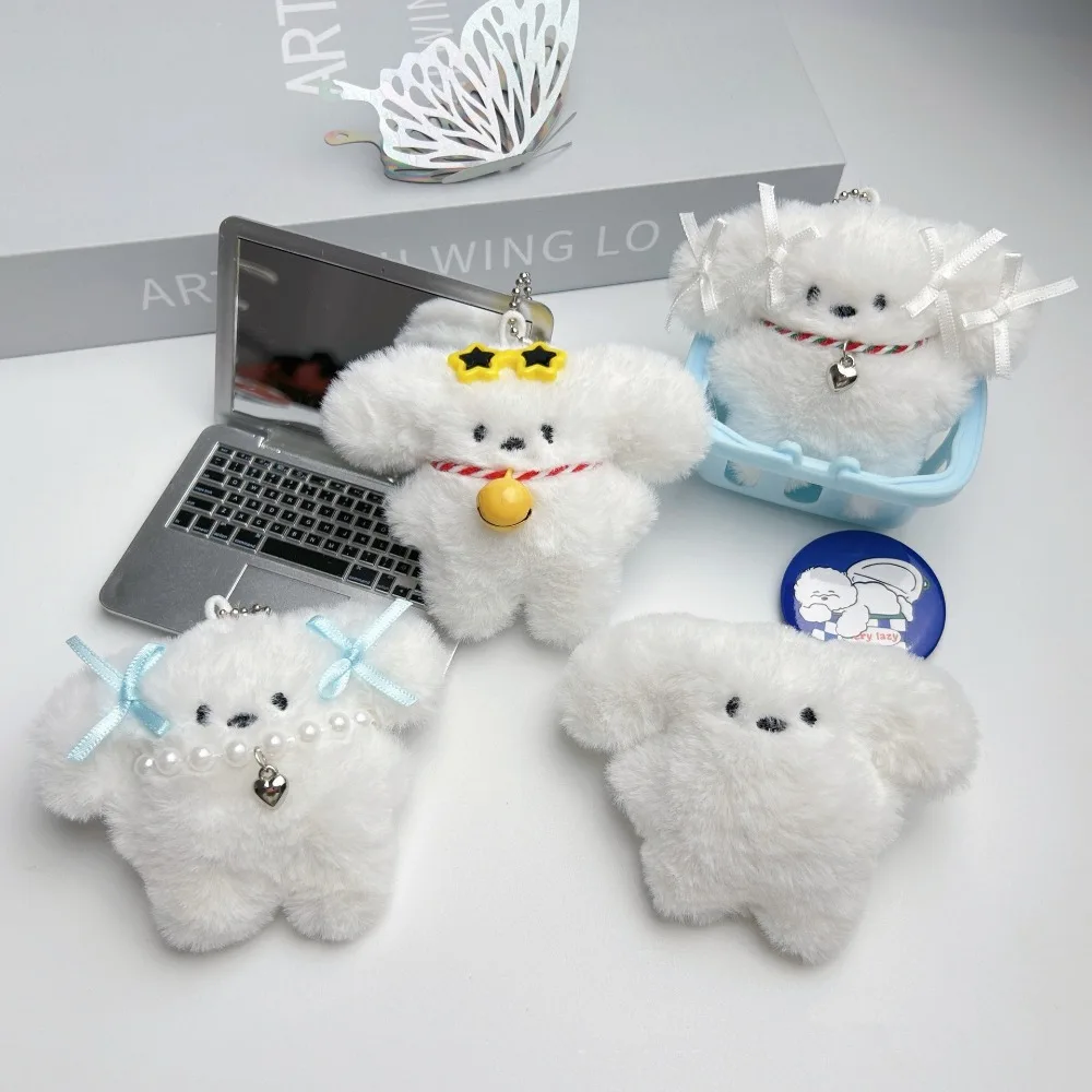 Squeak White Dog Plush Keychain Bow Small Bell Plush Doll Pendant Stuffed Pendant Puppy Plush Keyring Girl Gifts