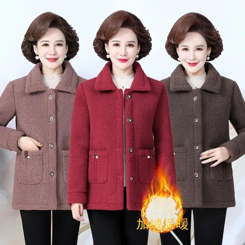 

Winter Thick Fleece Single Breasted Lamb Fur Women's Coat Mom Wear Lapel Pocket Imitation Fur Warm Casual Jacket Female Parkas