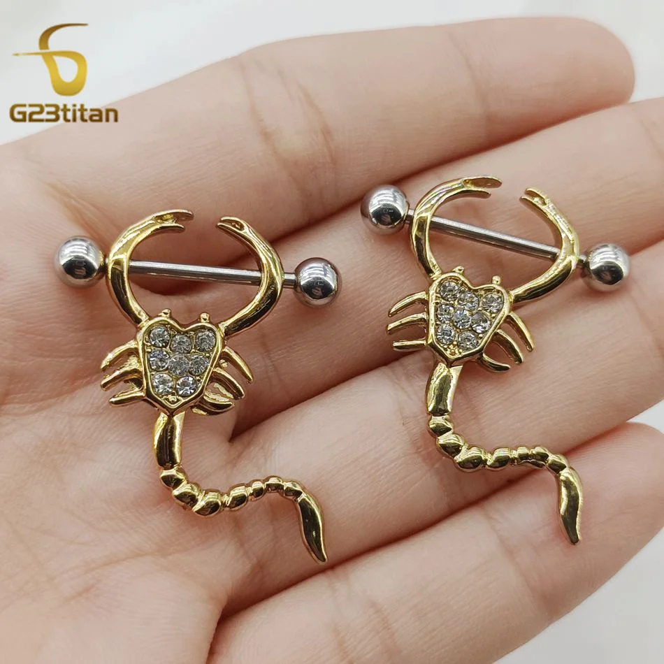 G23Titan 2pcs Crystal Scorpion Nipple Ring 14G Stainless Steel or Titanium Barbell Nipple Piercing For Women Sexy Beach Jewelry