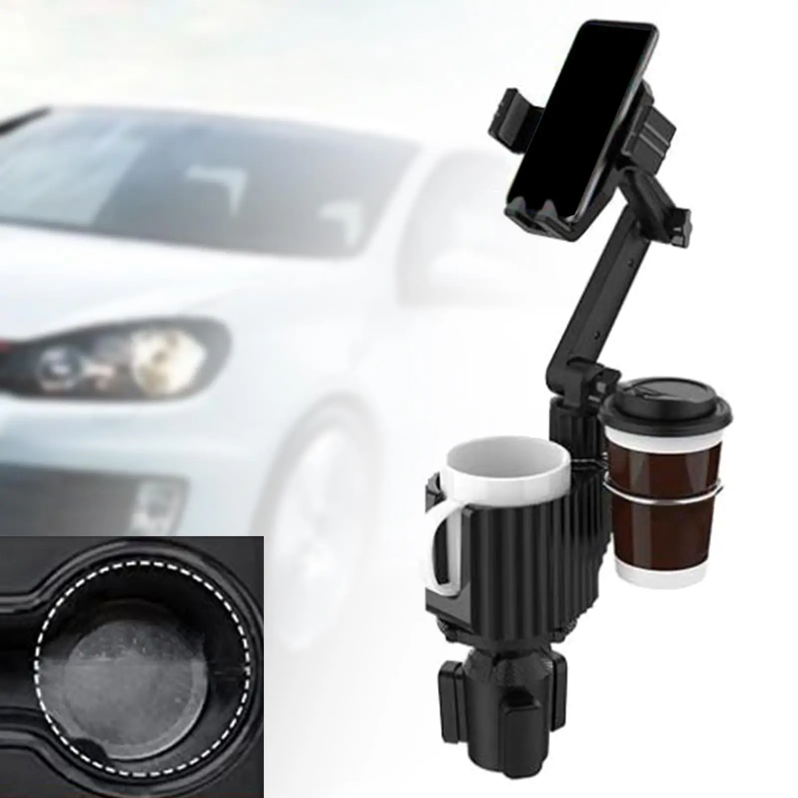 Car Cup Holder Expander with Phone Holder Accessories Adjustable Base 2 in 1