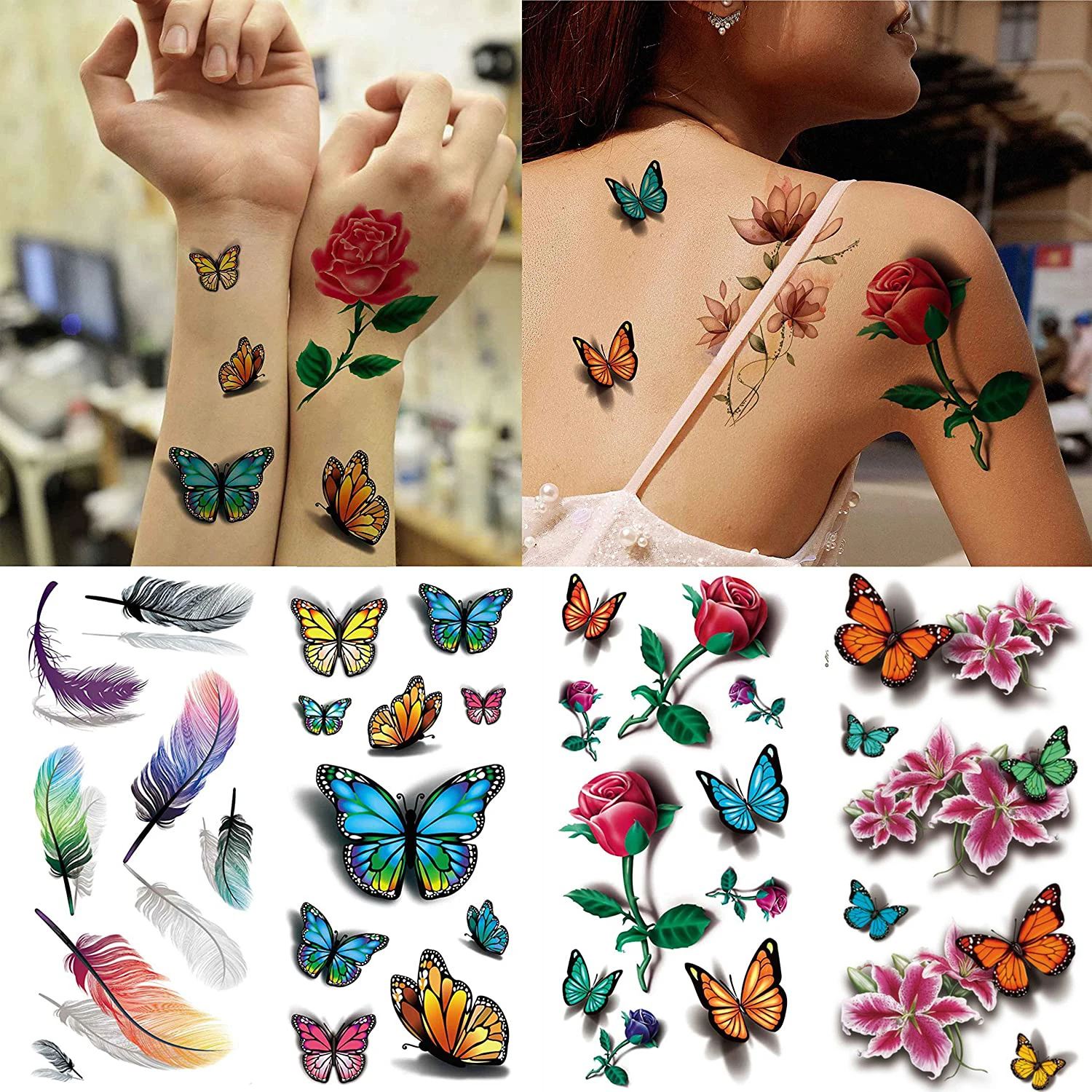 Pena borboleta tatuagens temporárias adesivo para proteção do corpo da mulher tatuagem 3d rosa flor anime falso adesivos à prova dwaterproof água