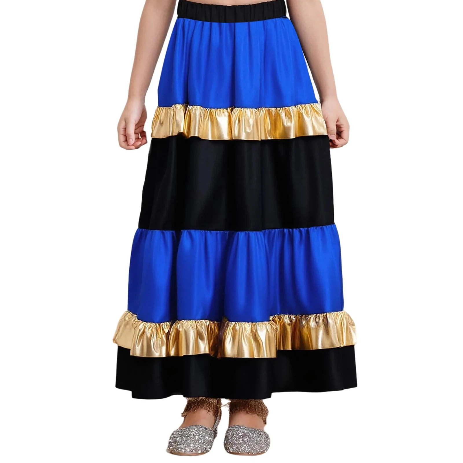 

Kids Girls Flamenco Dance Skirts Satiny Metallic Shiny Contrast Color Tiered Ruffled Big Swing Maxi Skirt Spanish Dance Skirts