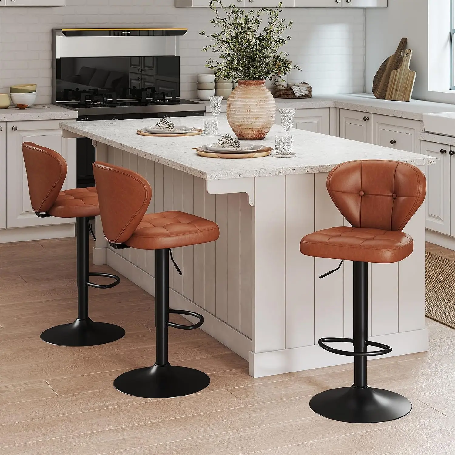 Set of 3 Adjustable Swivel Bar Stools, Brown Faux Leather Counter Height Chairs with High Backrest,Large Base for Kitchen Island