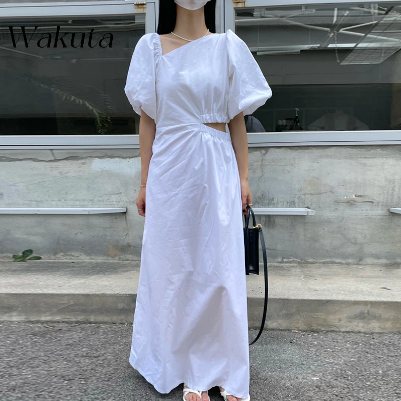 WAKUTA Streetwear Casual Side Hollow Out Bare Waist Maxi Dress White Black Slim Skew Collar Lantern Short Sleeve Ladies Dresses