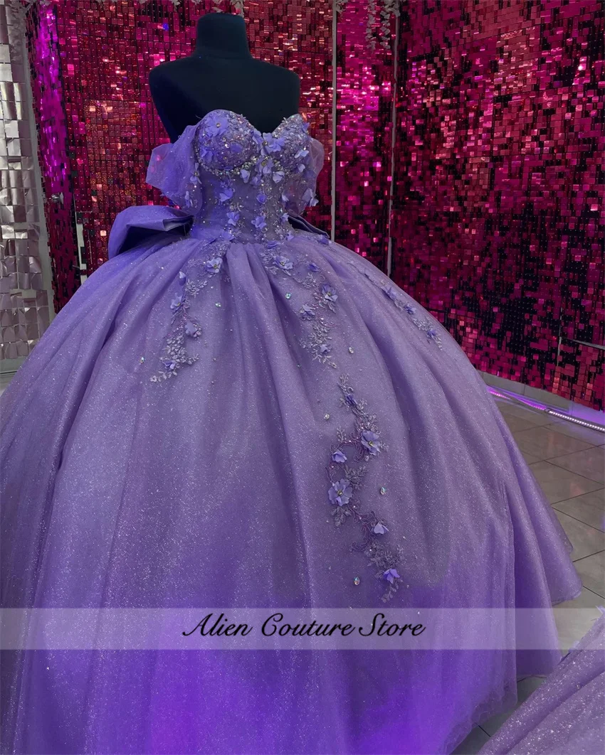 

Glitter Lavender Quinceanera Dresses Ball Gown 3D Flowers Formal Prom Birthday Party Princess Sweet 15 16 Dress Customized