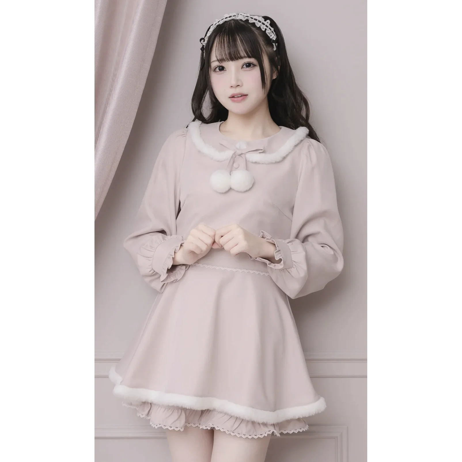 Japanese Style Elegant Sweet Plush Doll Collar Lace-up Bow Long Sleeve Lolita Mini Dress High Waist Shorts Two-Piece Set Women
