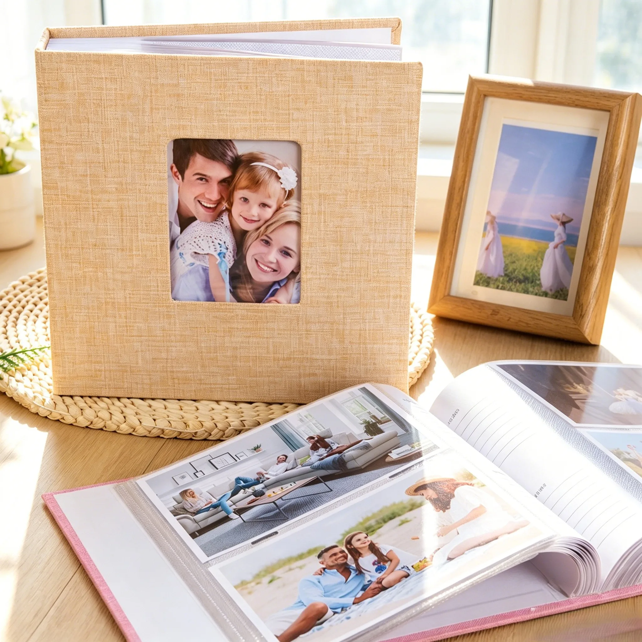Linen Fabric Photo Album Holds 200pcs 6 Inch Photos, Front Display Window and Writing Space,for Family, Travel, Wedding and Gift