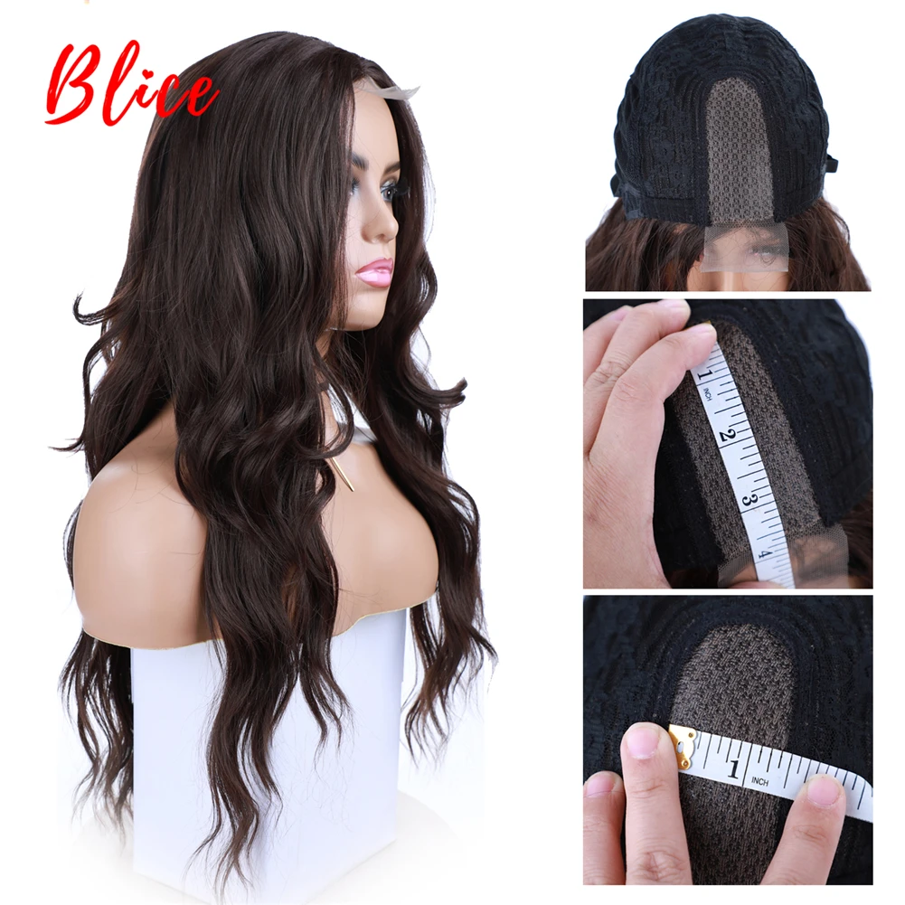 Blice Long Curly Synthetic Hair Daily Wigs Skin Head Topper For African American Women Wavy 20Inch With Lace Babyhair Brown