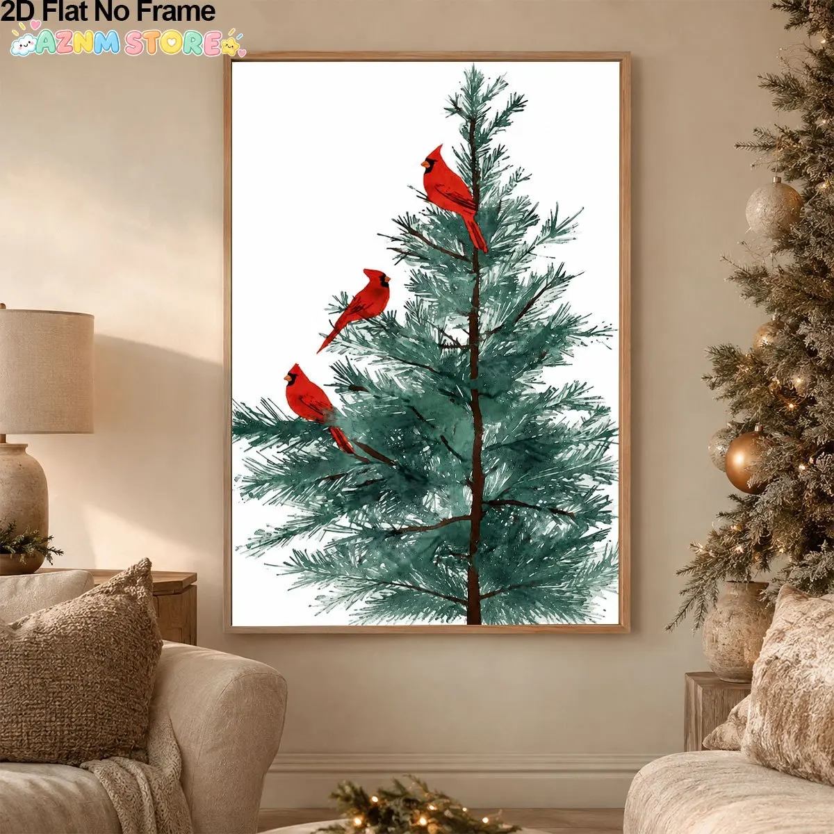 2027,2D Flat,Frameless Canva  Vertical Watercolor Red Cardinal Birds on Pine Tree Wall Art - Rustic Modern Suitable for Livin