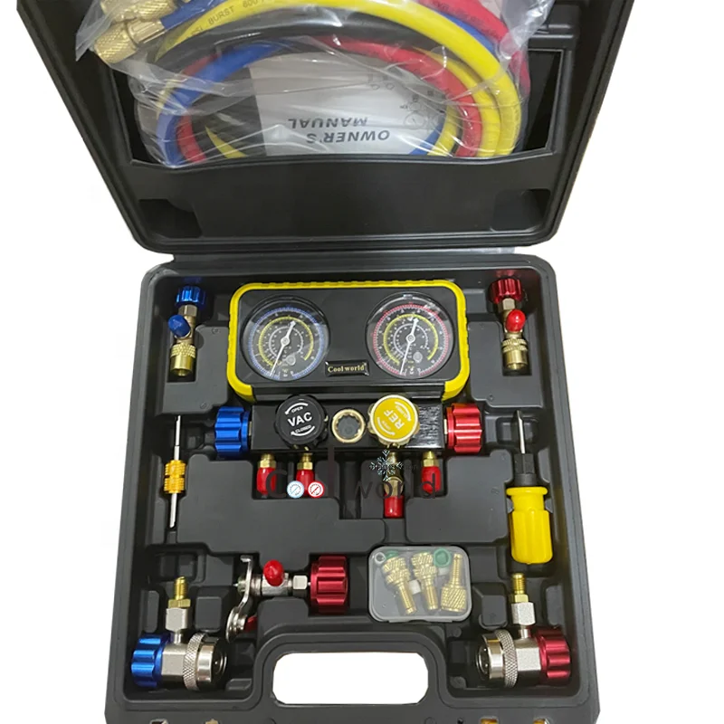Novo design COOLWOLRD conjunto de medidor de coletor de 4 vias R22 R32 R410A R134a medidor de coletor de diagnóstico com kit de mangueira