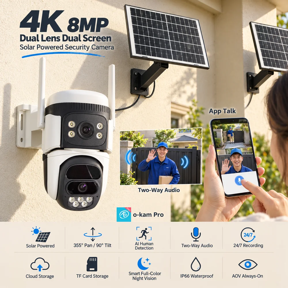 8MP 4G LTE Solar Dual Lens PTZ Security Camera Outdoor 10400mAh Battery PIR Motion Detection Color Night Vision IP66 Waterproof