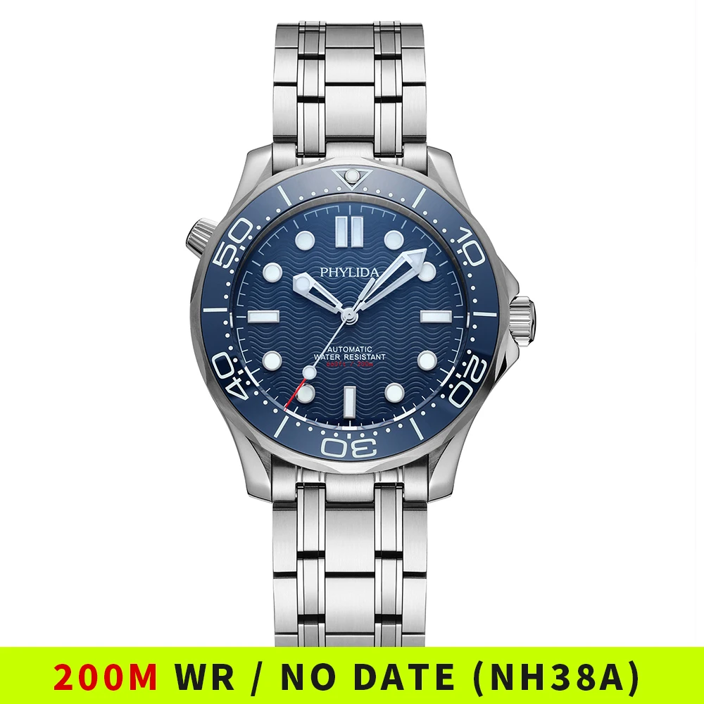 PHYLIDA 41mm Diver's 200 Men's 316L Stainless Steel Warch Sapphire Crystal NH38a Automatic Watch SLN BGW9 Lume