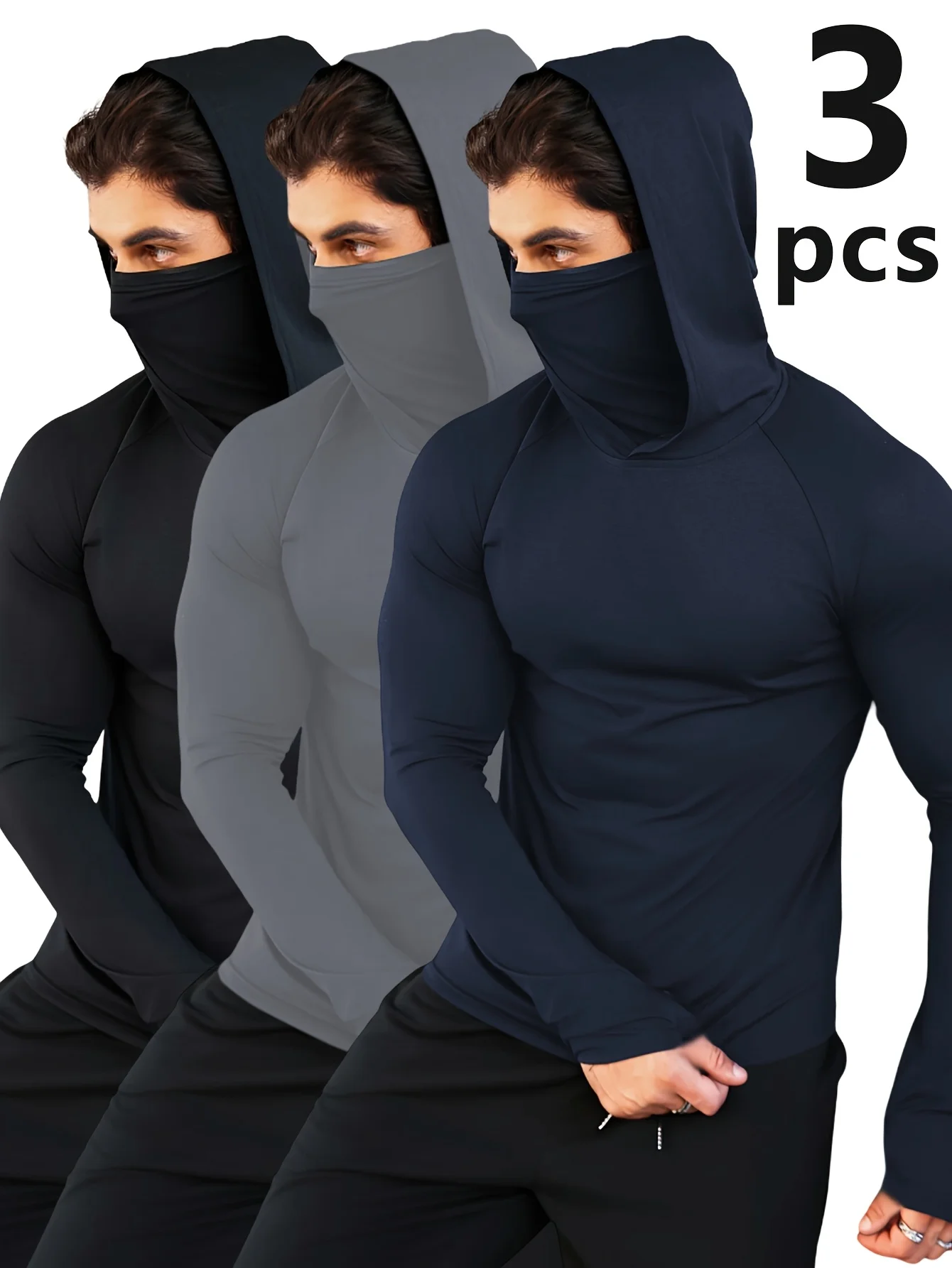 

3-piece men's hooded sweatshirts with facemasks, comfortable long-sleeved T-shirts - breathable, lightweight, quick-drying, mois