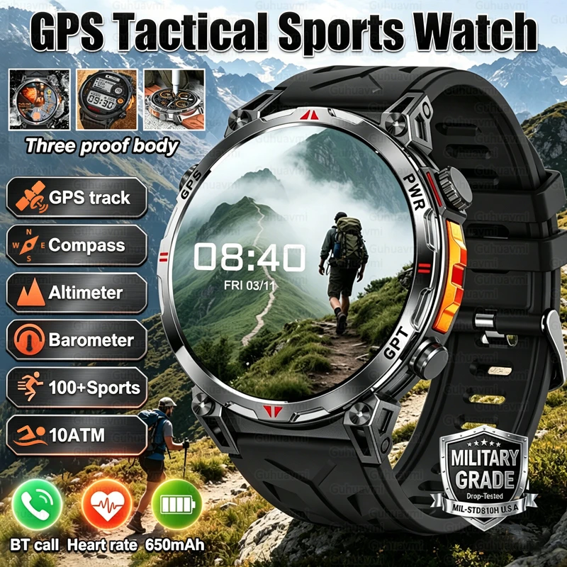 

2026 NEW Tactics Smartwatch 10ATM Waterproof Dual-Frequency GPS AMOLED Screen 650mAh Compass 100+Sports Fitness Tracker Bracelet