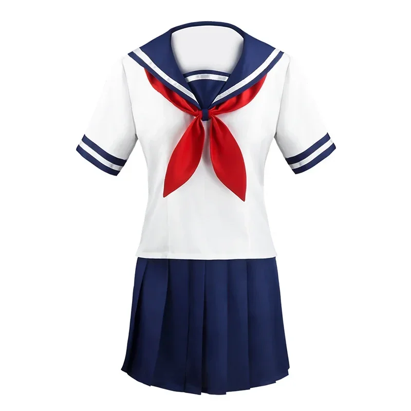 Halloween Party Girl's Navy Blue Sailor Skirt Pantyhose Loli Black Leather Shoes Yandere Simulator Ayano Aishi Cosplay Costume view 2