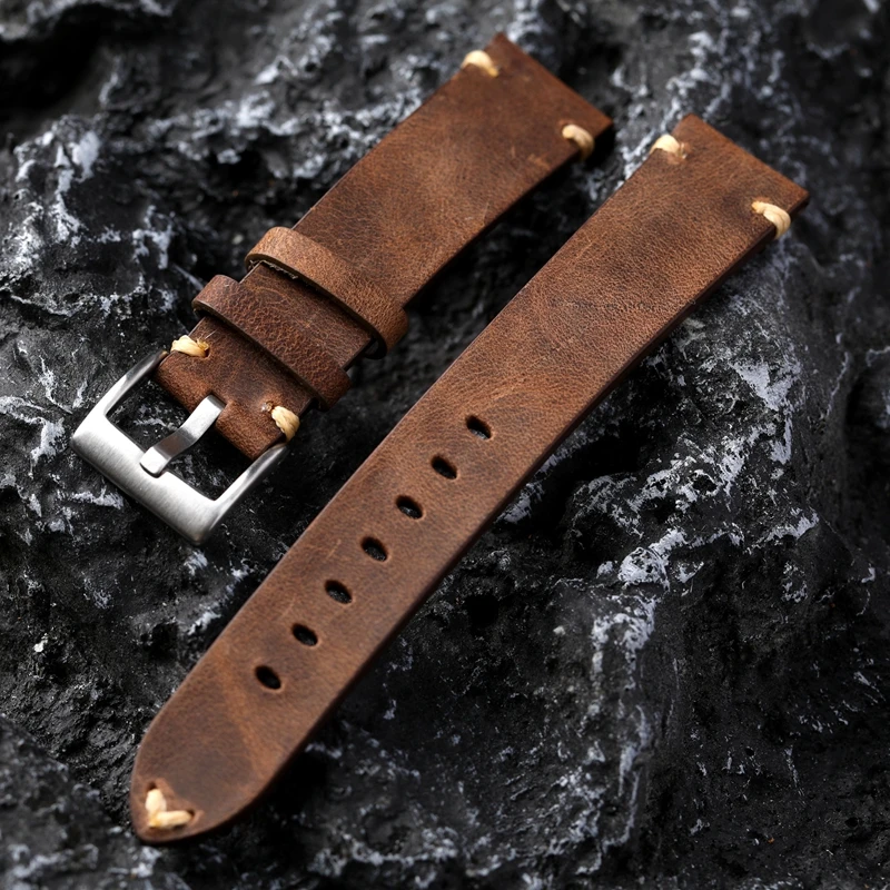 Vintage Handmade Genuine Leather Watchband 18 20 22MM Old Brown Black Soft Men's Watch Strap