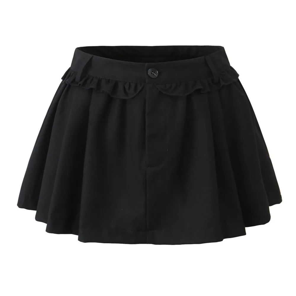 2025 Y2K White Spliced Wood ears High Waist Mini Skirt Women Pleasted Ruched Swing A-lined Skirts Black