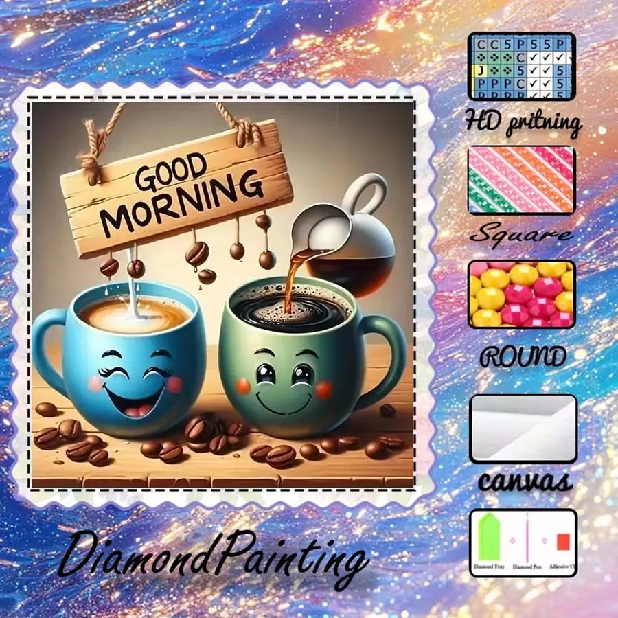 1 piece of 5D DIY flocking cloth, special drill, diamond painting kit, coffee, smile, pattern mosaic, diamond art