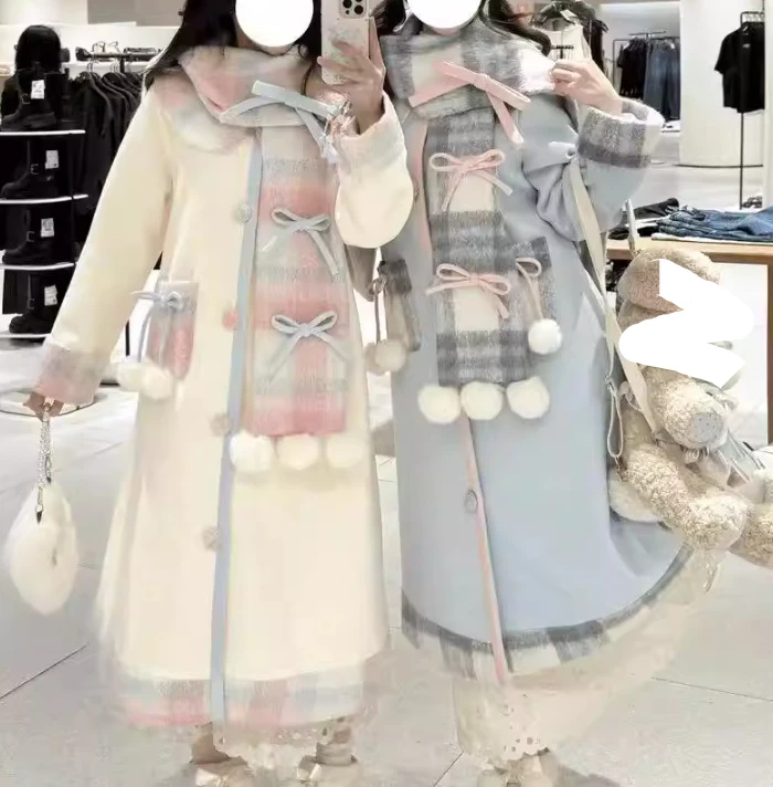 เสื้อโค้ทผู้หญิงน่ารัก สไตล์โลลิต้า อ่อนหวาน ผ้าขนสัตว์ แขนยาว ผูกเชือก แฟชั่นอเนกประสงค์ ทรงหลวม ช่วยลดอายุ ให้ความอบอุ่น เหมาะสำหรับฤดูหนาว