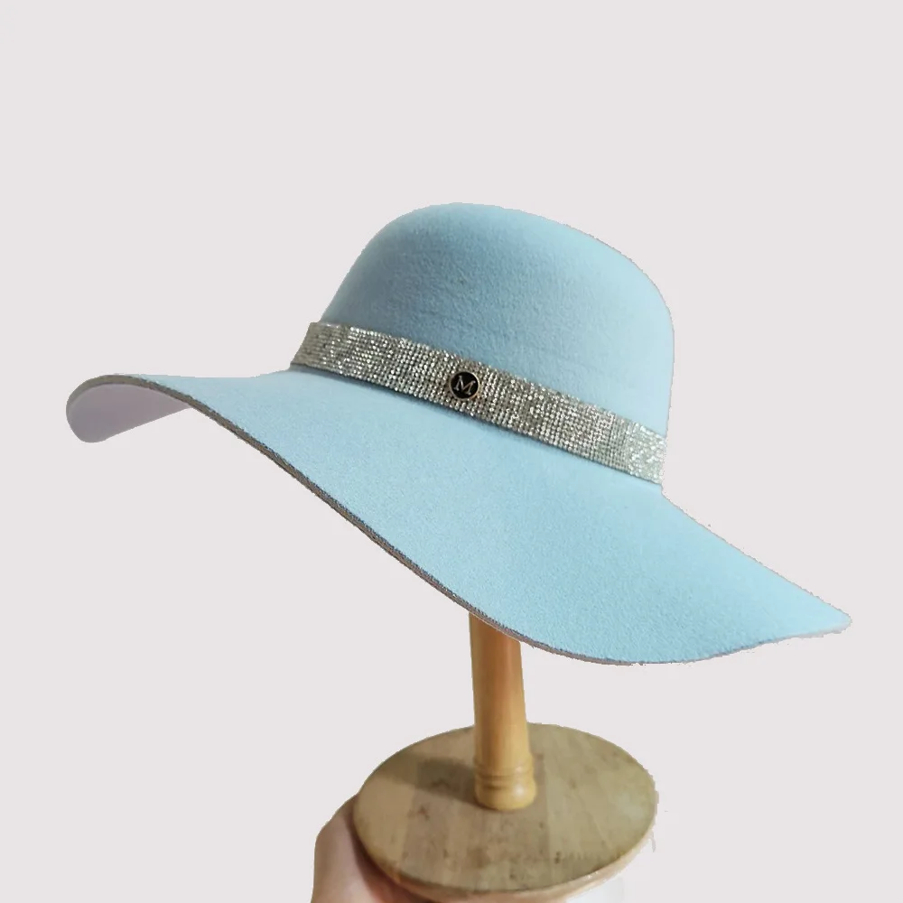 2026 Women's Autumn Winter Wide Brim Round Top Soft Felt Hat Elegant Rhinestone Wave Brim Bucket Cap