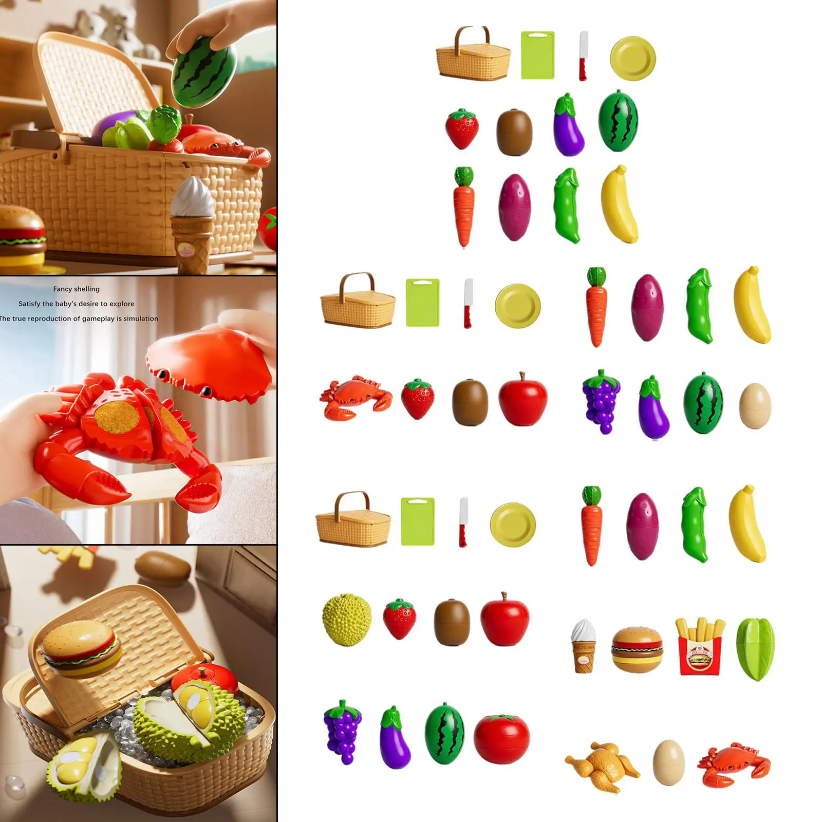 Schneiden Spielen Pretend Food, Küche Pretend Food Set, mit Aufbewahrungskorb, Pretend Obst Gemüse Zubehör für Kleinkinder