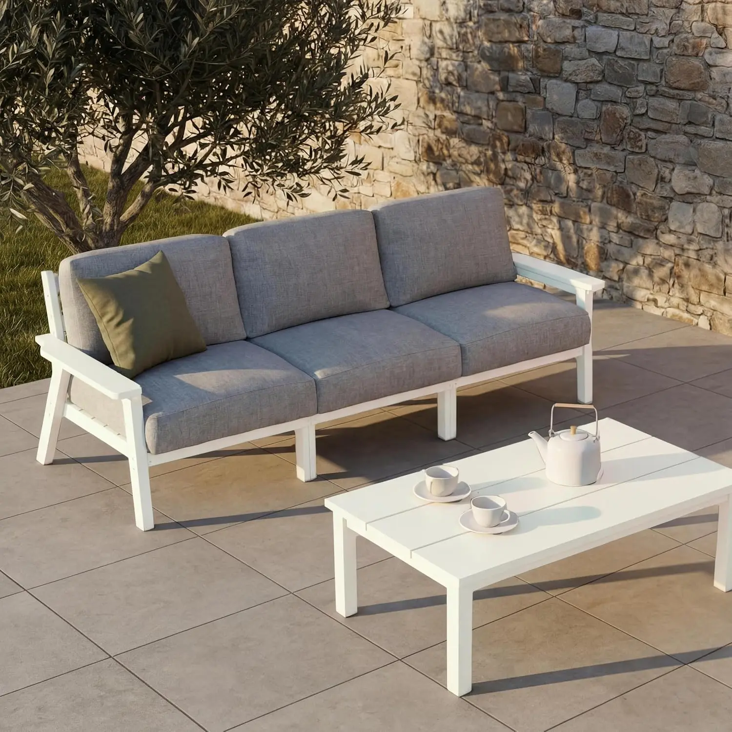 HDPE Outdoor Sectional Sofa 3-Seat with Washable Cushions, Coffee Table & Side Table for Patio Garden Porch, Customized