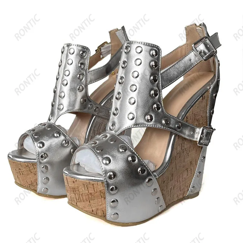 Rontic Free to Change Color Women Platform Mules Sandals Unisex Wedges Heel Open Toe Elegant Black Dress Slippers US Size 5-15